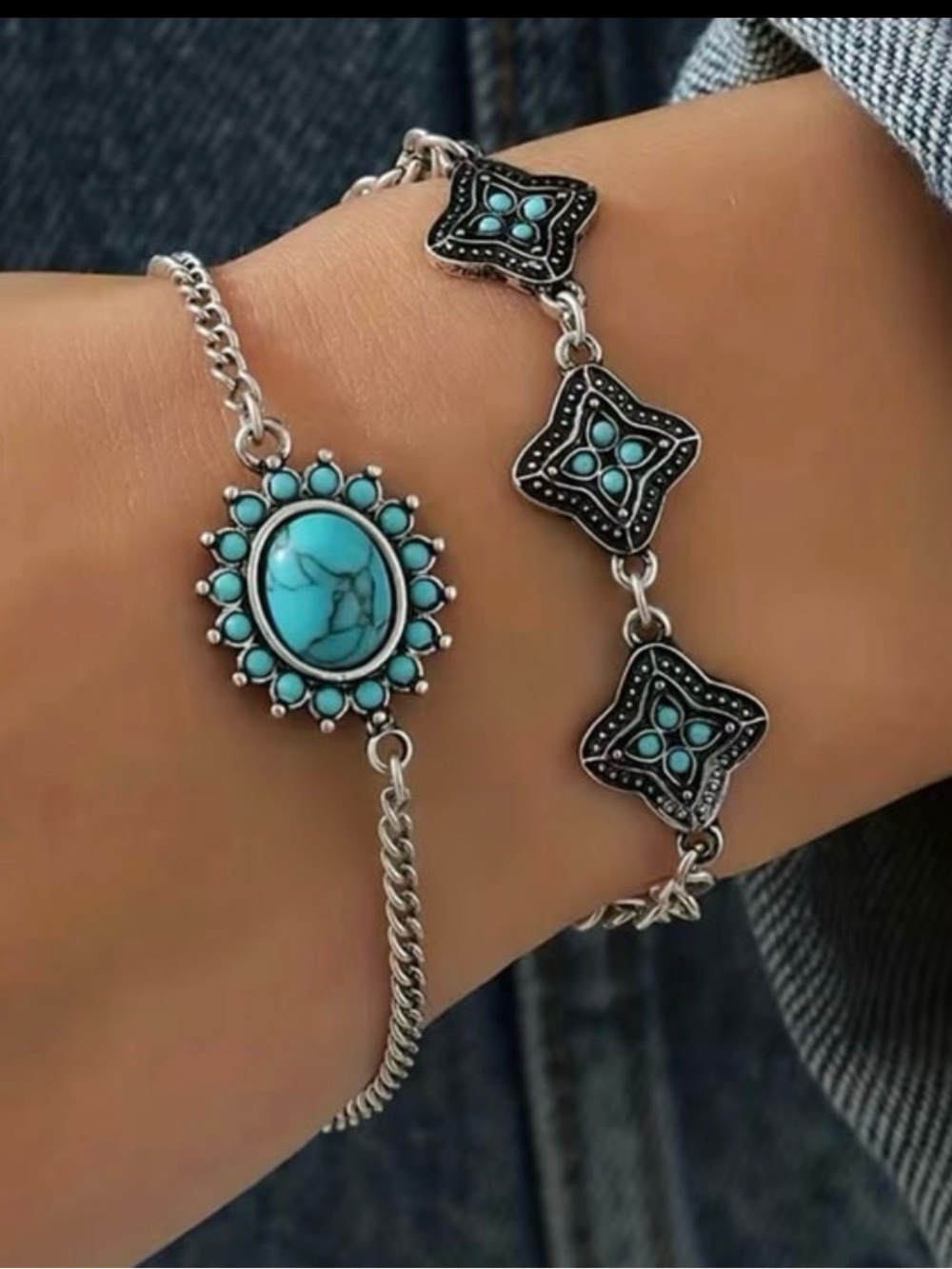 Silver Turquoise Stone Women's Bracelet - Blue Boho Chain